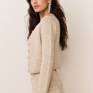 LoveShackFancy Ferra Sequin Stretch Knit Cardigan Honey  Gold NWT